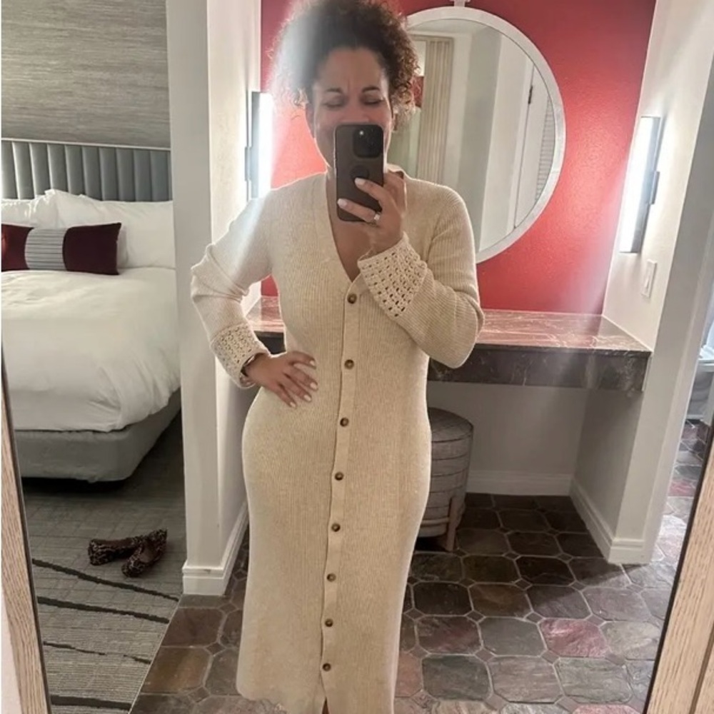 Jason Wu Collective Cardigan Midi Sweater Dress Button Up Beige Ribbed Knit L
